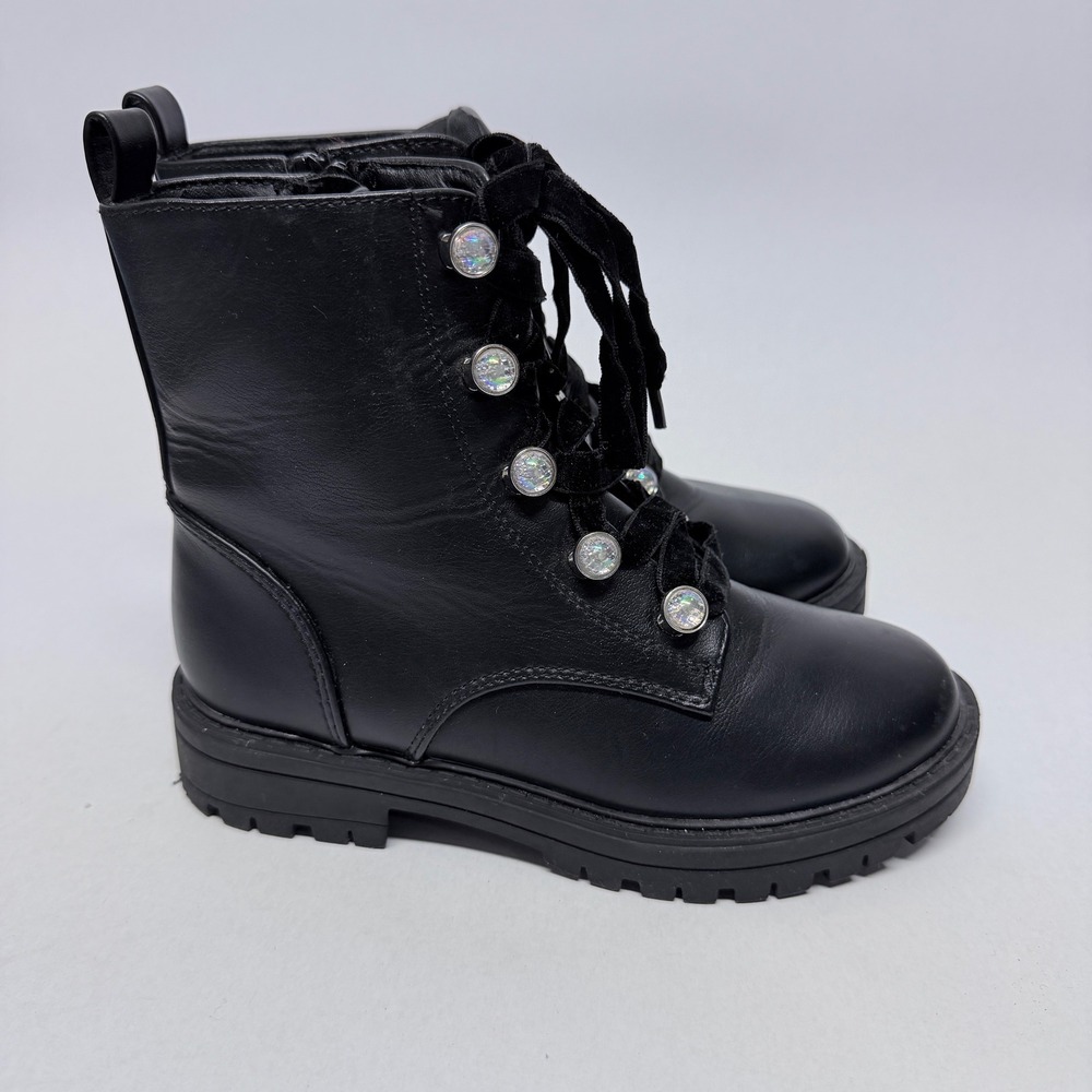 Art Class Girls Black Combat Boots Velvet Laces Crystal Eyelets Size 1 - Picture 3 of 10
